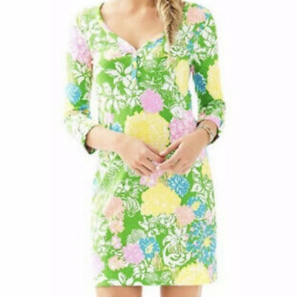 Lilly Pulitzer Green Floral Shift Dress with Pastel Accents